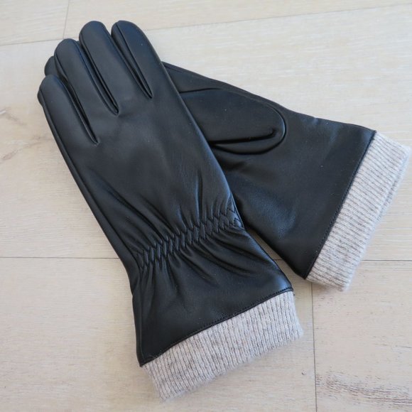 Womens Size 7.5 Driving Gloves Faux Black Leather Wool Knit Lined NEW - Picture 7 of 8